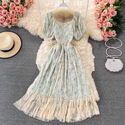 Retro Sweet Square Neck Dress Girl Floral Fairy Princess Lace Skirt 1322