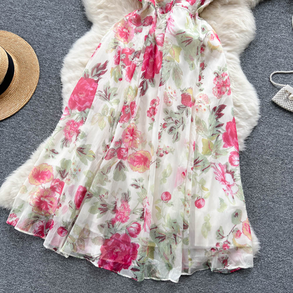 Women Retro Floral Dress Backless Bow Knot Sling Dress Summer 1158
