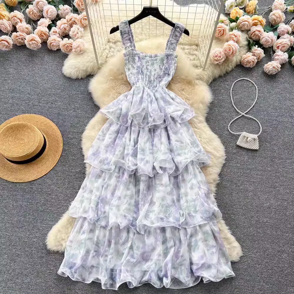 Cute Floral Sling Dress Summer Fairy Layer Cake Dress 1113