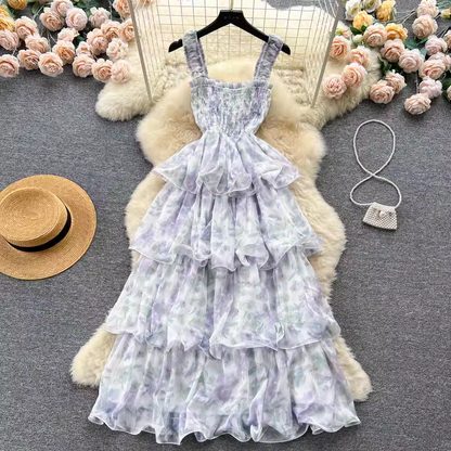 Cute Floral Sling Dress Summer Fairy Layer Cake Dress 1113