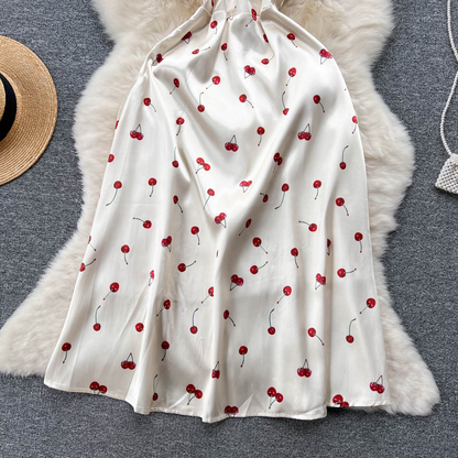 Satin Cherry Print Dress Summer Sweet Dress 1131