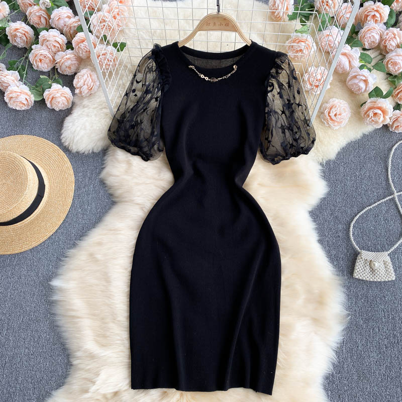 Two Pieces Mesh Puff Sleeve Dress Summer Short Sleeves Dress for Women 1134