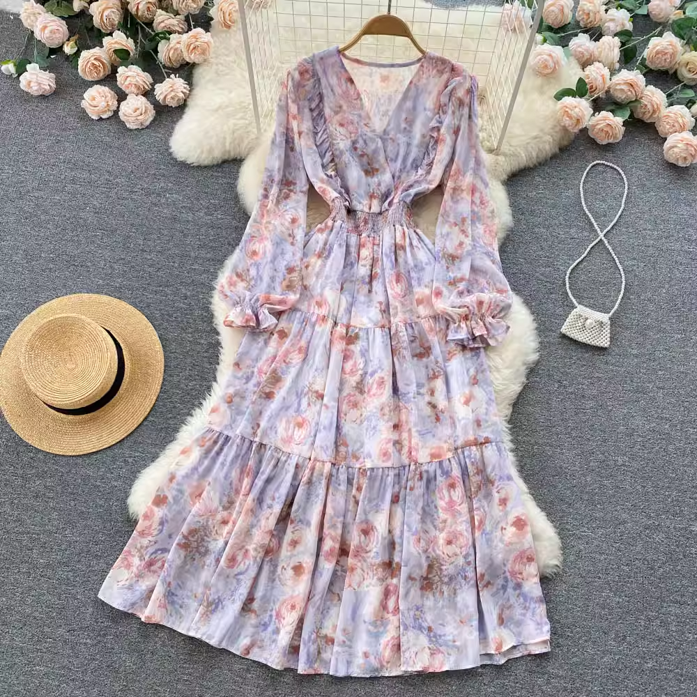 Sweet Floral Fairy Skirt V Neck Spring Dress 1257