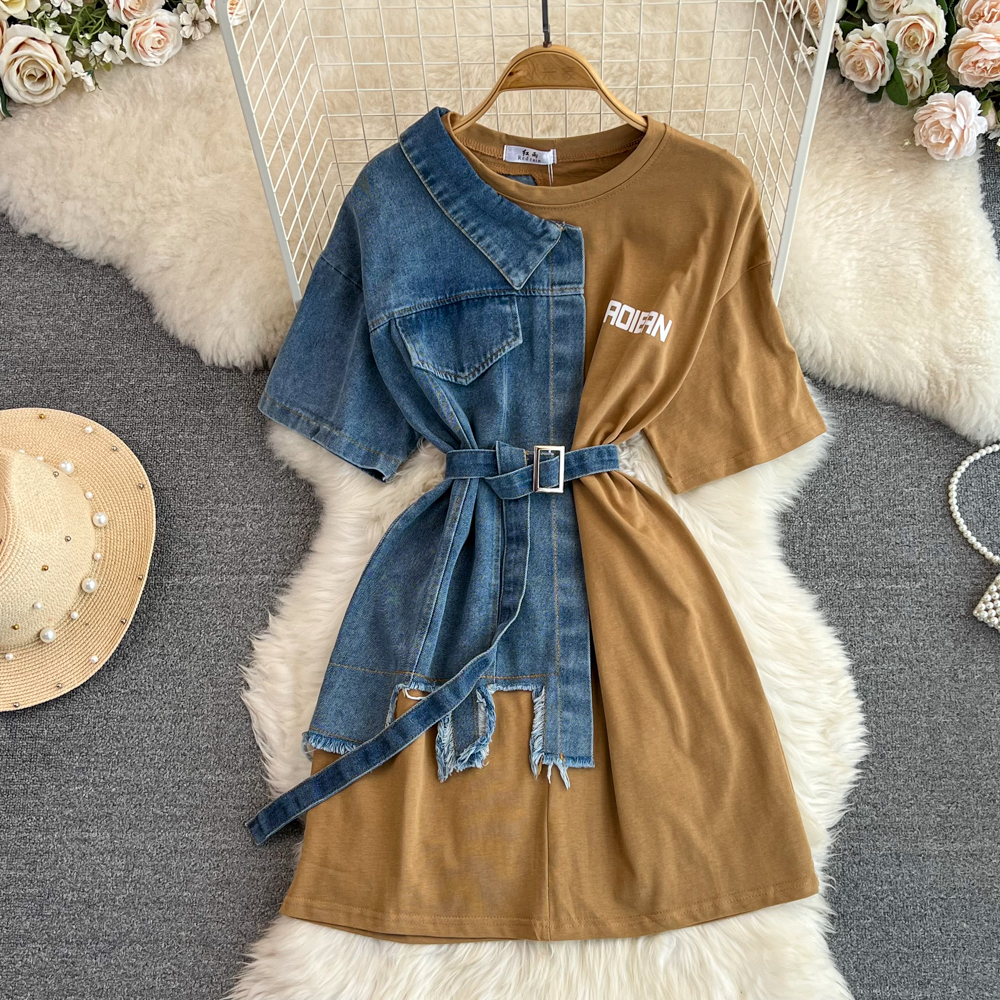 Retro Hong Kong Style Round Neck Denim Shirt Skirt with Belt 1309