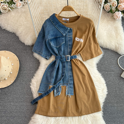 Retro Hong Kong Style Round Neck Denim Shirt Skirt with Belt 1309