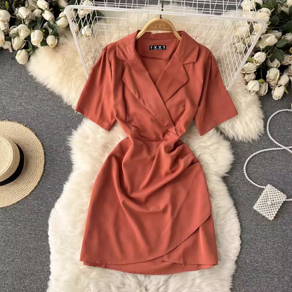 V Neck Summer Irregular Pleated Short Sleeves Sexy Dress 1210