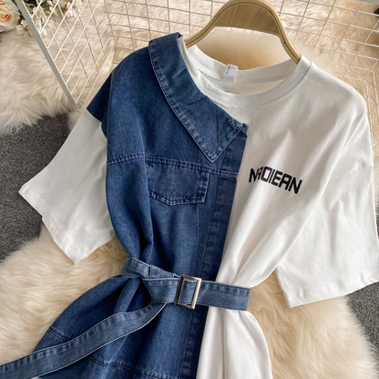 Round Neck Denim Stitching Dress Short Sleeves Summer Mid Length T Shirt Skirt 1332