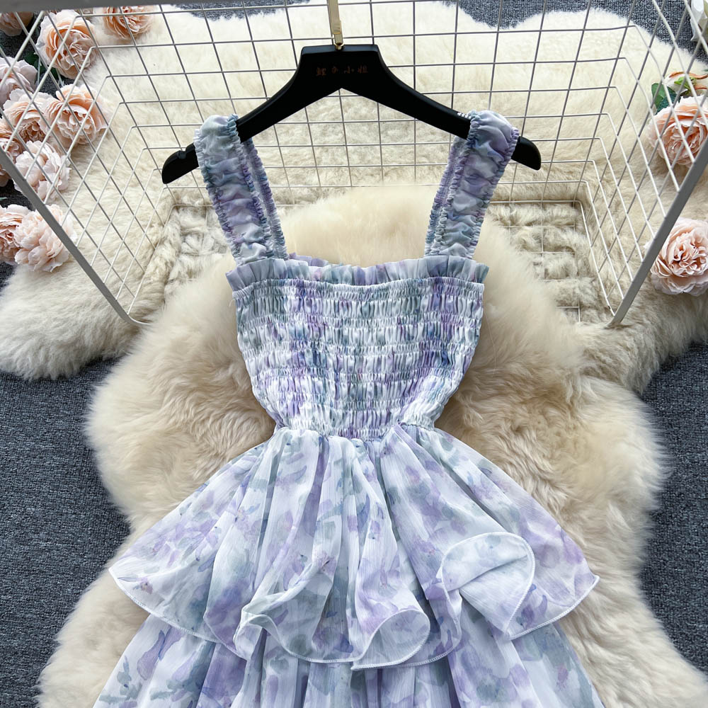 Cute Floral Sling Dress Summer Fairy Layer Cake Dress 1113