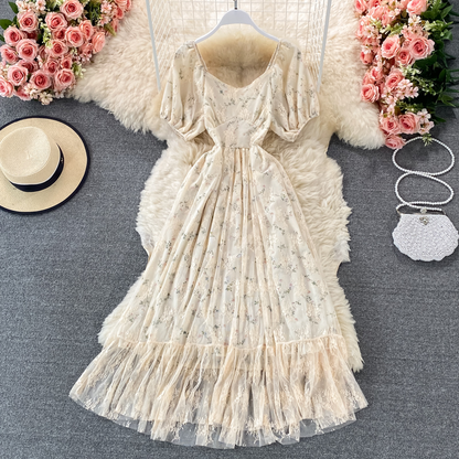 Retro Sweet Square Neck Dress Girl Floral Fairy Princess Lace Skirt 1322