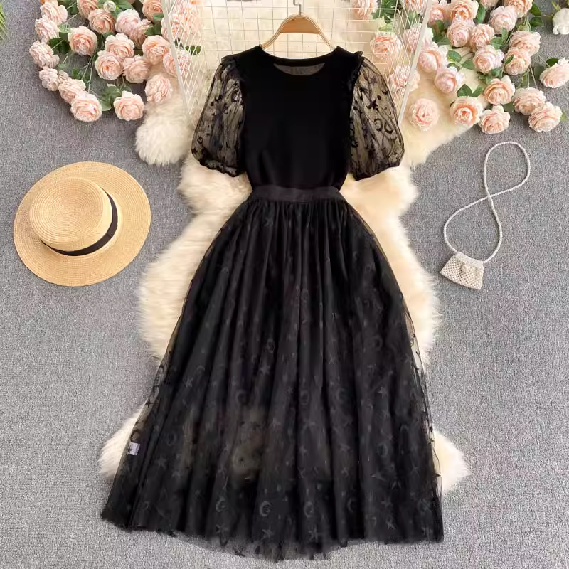 Two Pieces Mesh Puff Sleeve Dress Summer Short Sleeves Dress for Women 1134