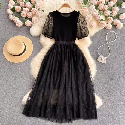 Two Pieces Mesh Puff Sleeve Dress Summer Short Sleeves Dress for Women 1134