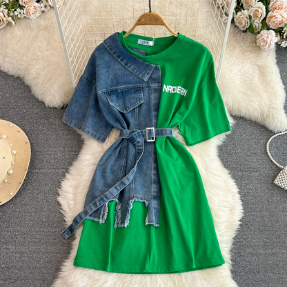 Retro Hong Kong Style Round Neck Denim Shirt Skirt with Belt 1309