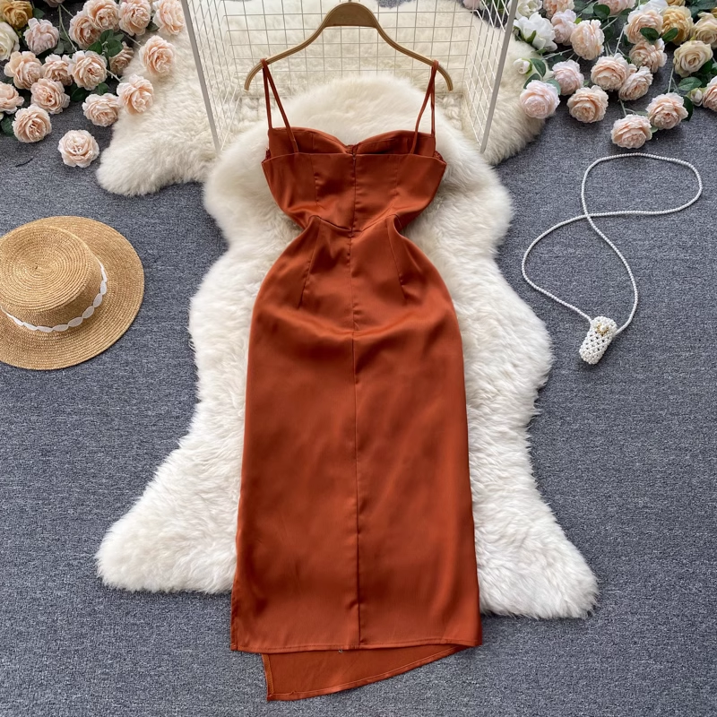 French Style Vintage Satin Spaghetti Strap Skirt Split Pleated Sexy Dress 1125
