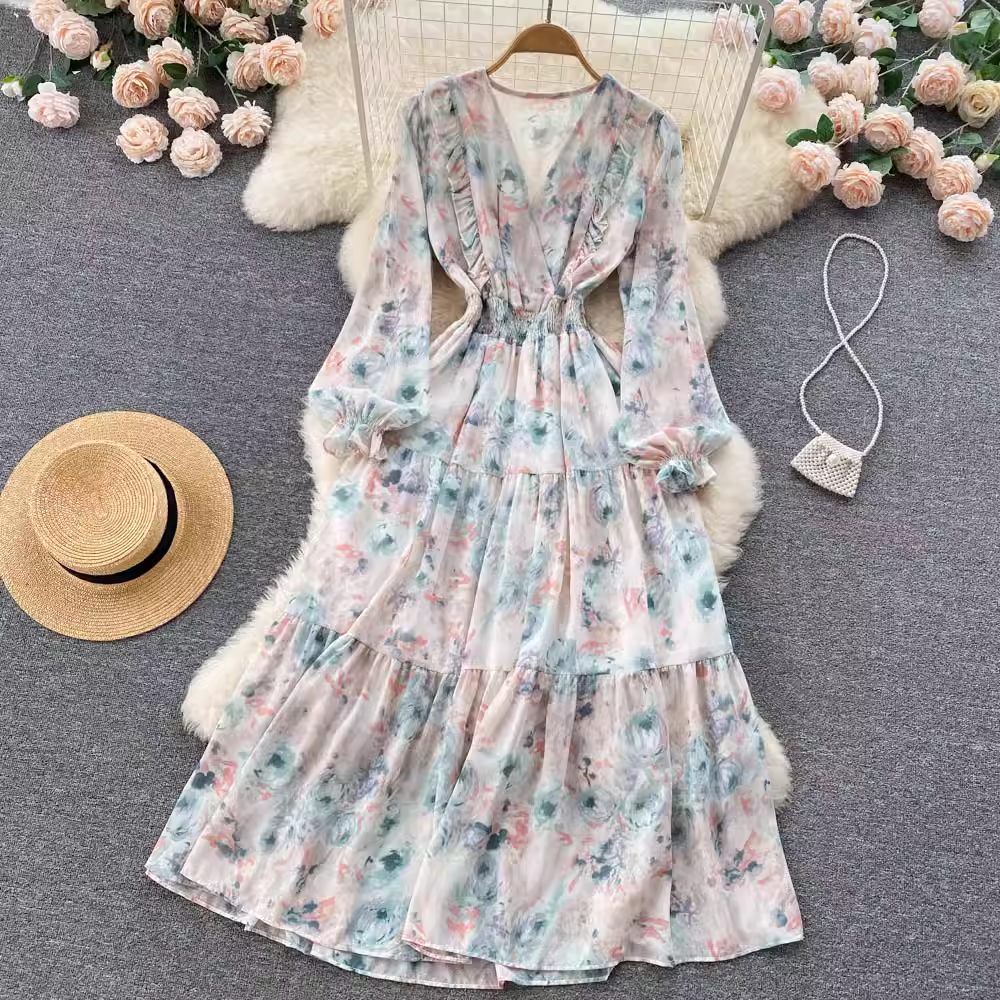 Sweet Floral Fairy Skirt V Neck Spring Dress 1257