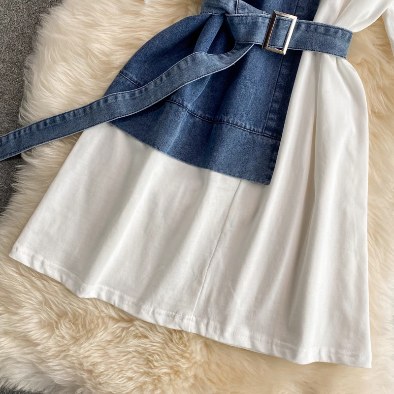 Round Neck Denim Stitching Dress Short Sleeves Summer Mid Length T Shirt Skirt 1332
