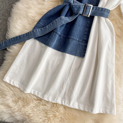 Round Neck Denim Stitching Dress Short Sleeves Summer Mid Length T Shirt Skirt 1332