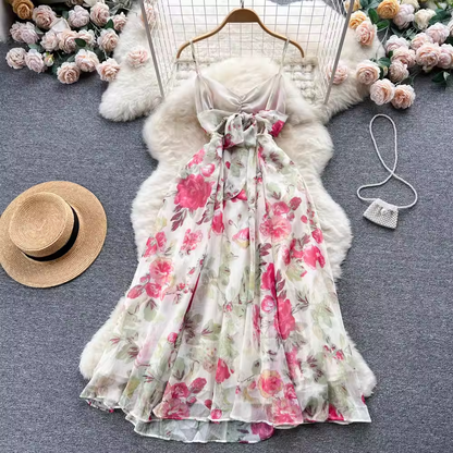 Women Retro Floral Dress Backless Bow Knot Sling Dress Summer 1158