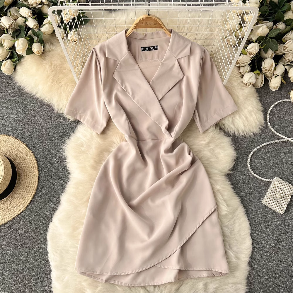 V Neck Summer Irregular Pleated Short Sleeves Sexy Dress 1210