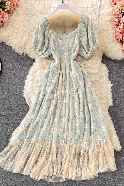 Retro Sweet Square Neck Dress Girl Floral Fairy Princess Lace Skirt 1322