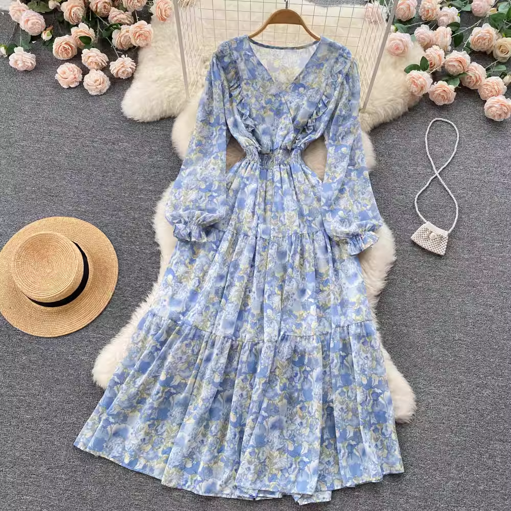 Sweet Floral Fairy Skirt V Neck Spring Dress 1257