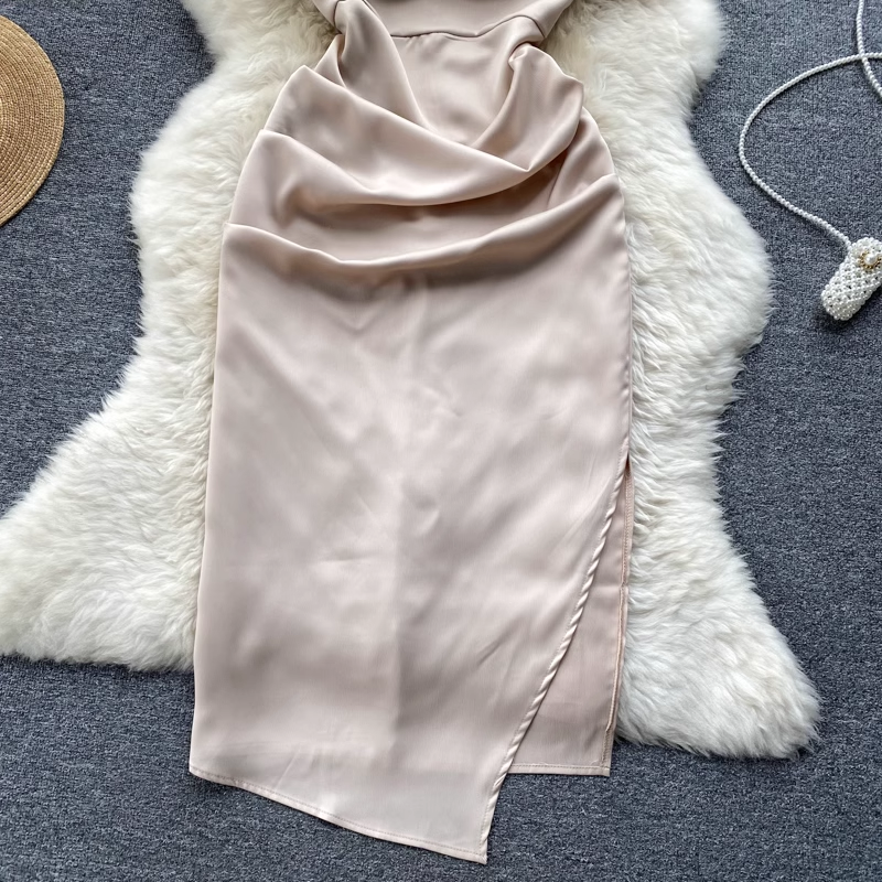 French Style Vintage Satin Spaghetti Strap Skirt Split Pleated Sexy Dress 1125