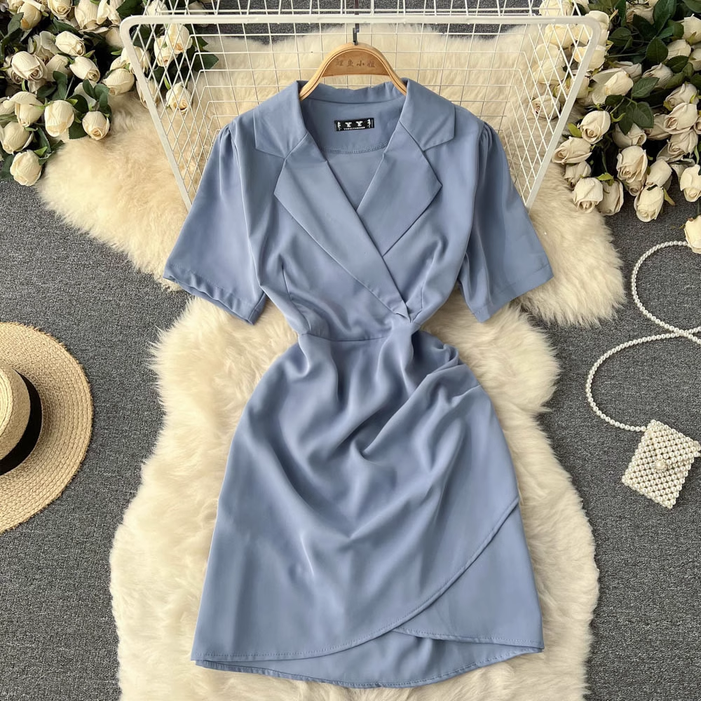 V Neck Summer Irregular Pleated Short Sleeves Sexy Dress 1210