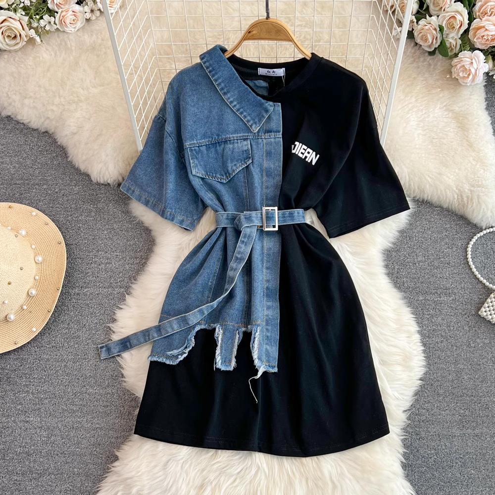 Retro Hong Kong Style Round Neck Denim Shirt Skirt with Belt 1309