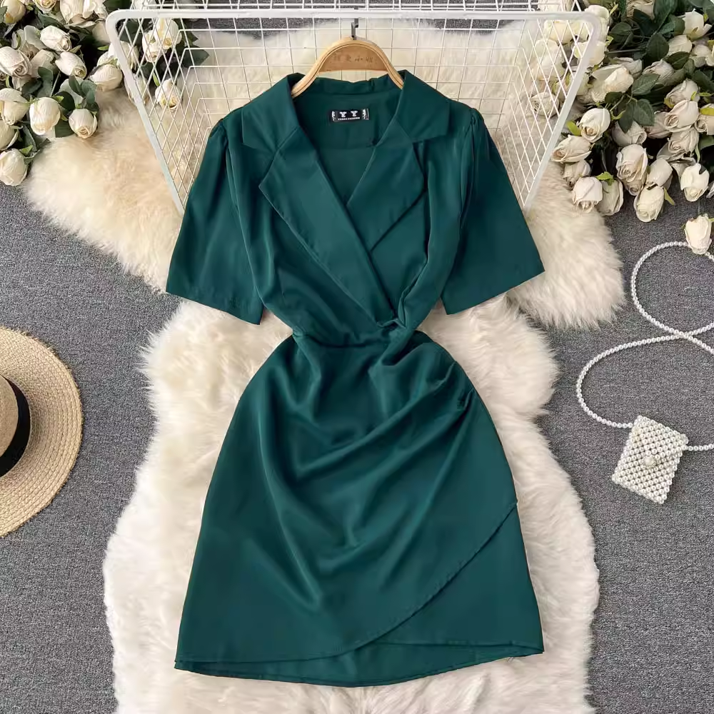 V Neck Summer Irregular Pleated Short Sleeves Sexy Dress 1210