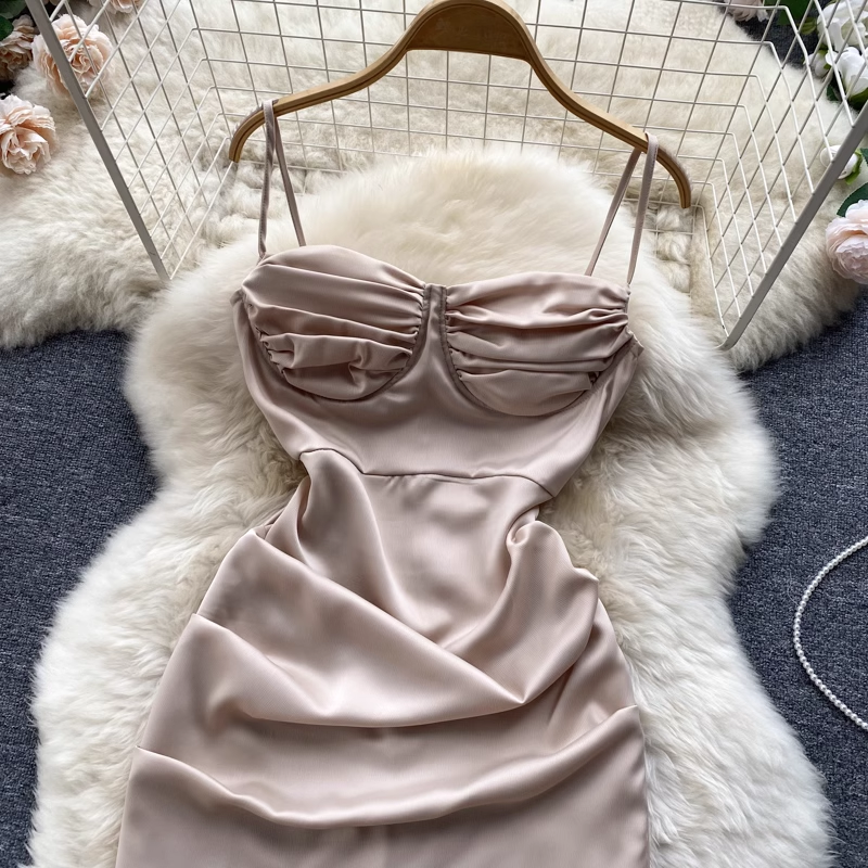 French Style Vintage Satin Spaghetti Strap Skirt Split Pleated Sexy Dress 1125