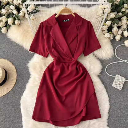V Neck Summer Irregular Pleated Short Sleeves Sexy Dress 1210
