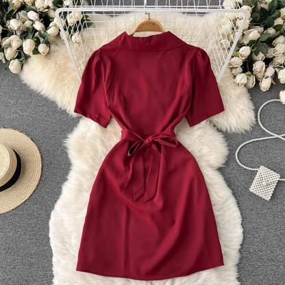 V Neck Summer Irregular Pleated Short Sleeves Sexy Dress 1210