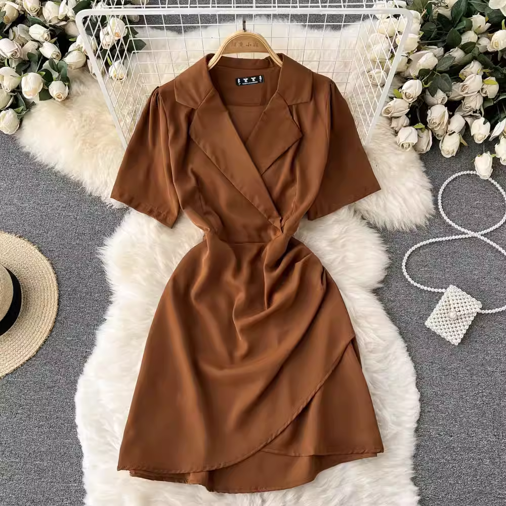 V Neck Summer Irregular Pleated Short Sleeves Sexy Dress 1210