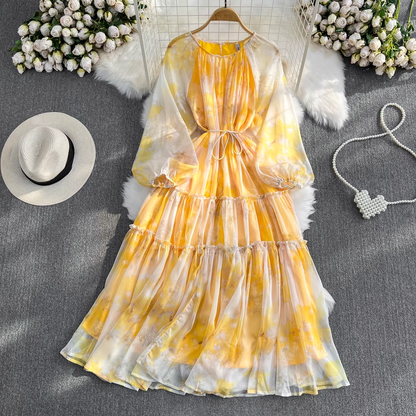 Summer Long Sleeves Round Neck A Line Printed Chiffon Dress 1533