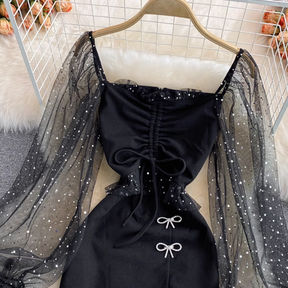Summer and Autumn Korean Style Shiny Mesh Square Collar Slit Short Dress 1519