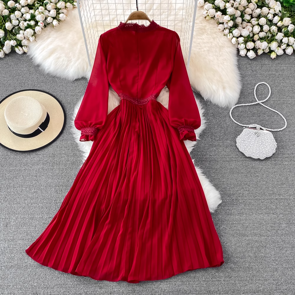Spring and Autumn Bohemia Style  Lace Chiffon Pleated Dress 1448