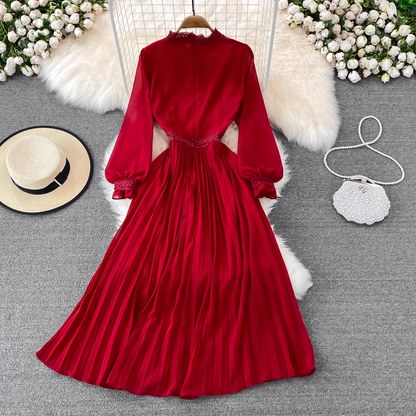 Spring and Autumn Bohemia Style  Lace Chiffon Pleated Dress 1448