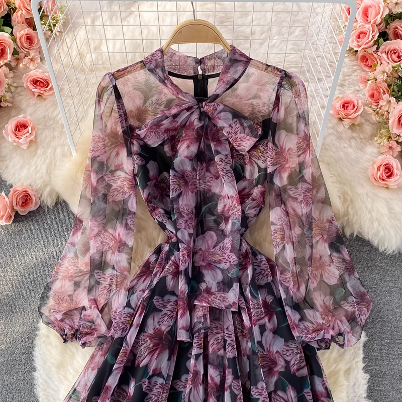 Printed A Line Long Dress Autumn Bow Collar Long Sleeves Floral Dress 1364
