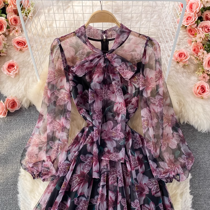 Printed A Line Long Dress Autumn Bow Collar Long Sleeves Floral Dress 1364
