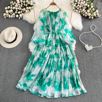 Summer Long Sleeves Round Neck A Line Printed Chiffon Dress 1533