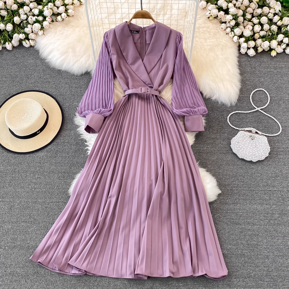 Spring Vintage Pleated V Neck Dress Long Sleeves Autumn Long Dress 1458