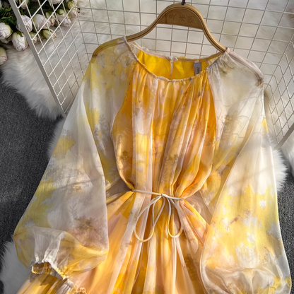 Summer Long Sleeves Round Neck A Line Printed Chiffon Dress 1533