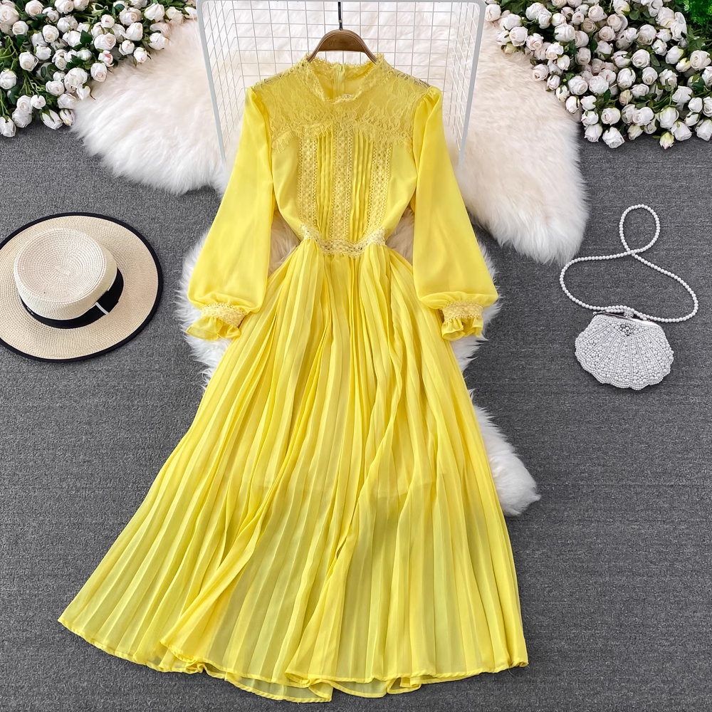 Spring and Autumn Bohemia Style  Lace Chiffon Pleated Dress 1448
