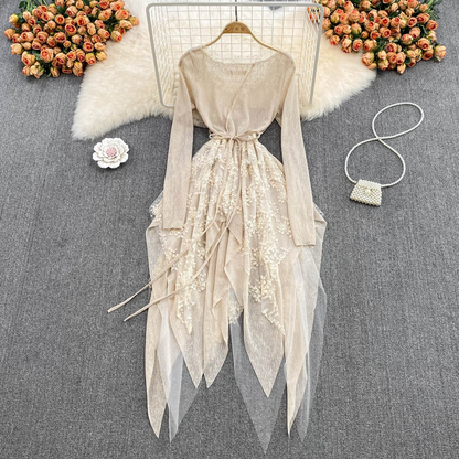 Retro Long Sleeves Irregular Round Neck Lace Fairy Dress 1452