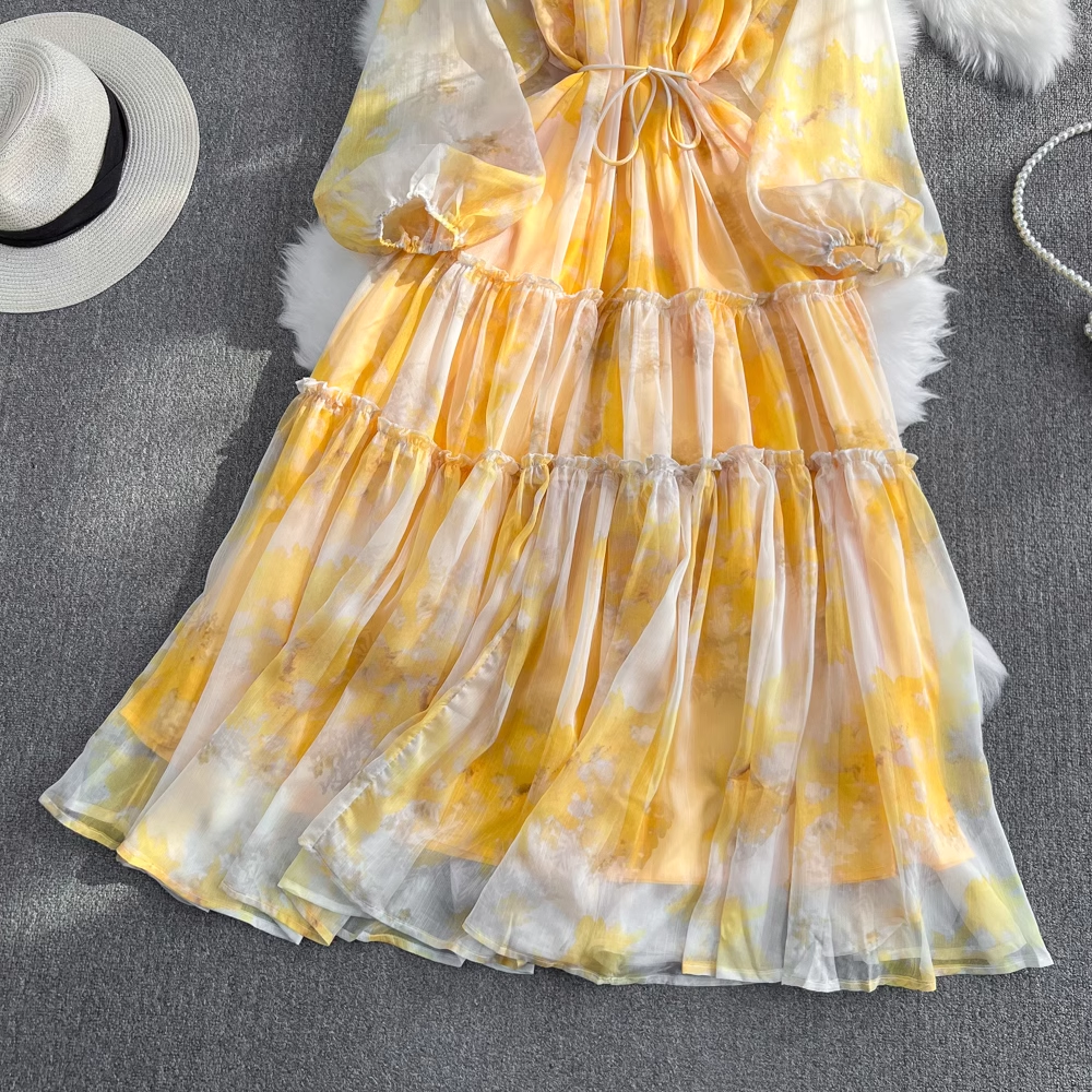 Summer Long Sleeves Round Neck A Line Printed Chiffon Dress 1533
