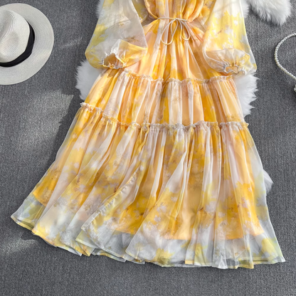 Summer Long Sleeves Round Neck A Line Printed Chiffon Dress 1533