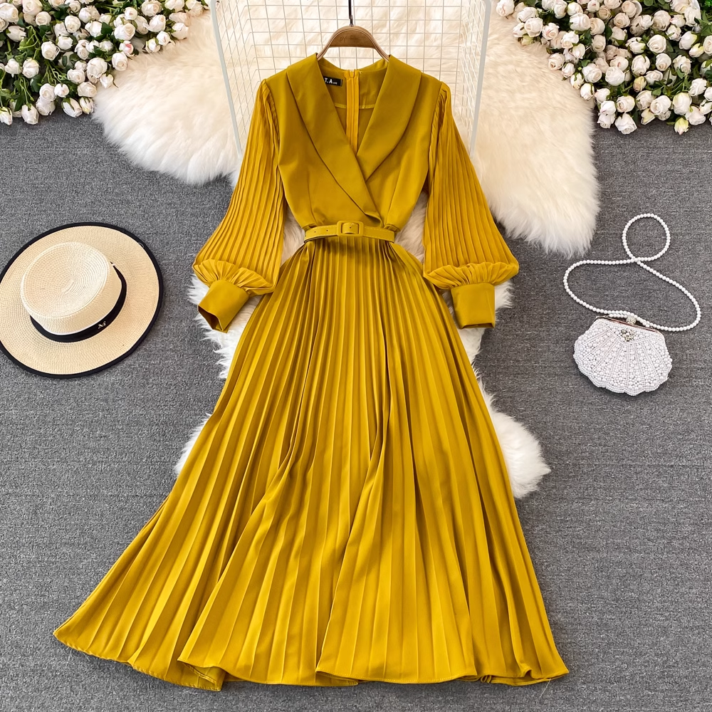 Spring Vintage Pleated V Neck Dress Long Sleeves Autumn Long Dress 1458
