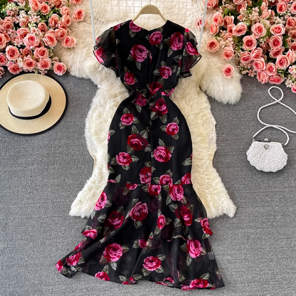 Summer Ruffled V Neck Mermaid Chiffon Dress Fashion Evening Dress 1379
