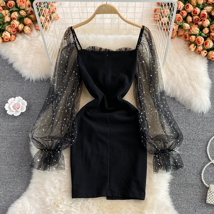 Summer and Autumn Korean Style Shiny Mesh Square Collar Slit Short Dress 1519