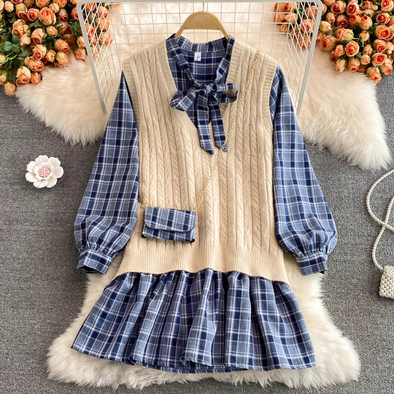Korean Style Loose Plaid Mid Length Bowknot Dress Knitted Sweater Vest Two Pieces Set 1394