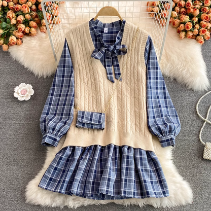 Korean Style Loose Plaid Mid Length Bowknot Dress Knitted Sweater Vest Two Pieces Set 1394